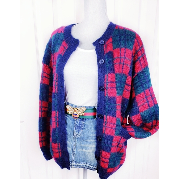 Vintage Sweaters - VINTAGE Red Tartan Plaid Mohair Cardigan M